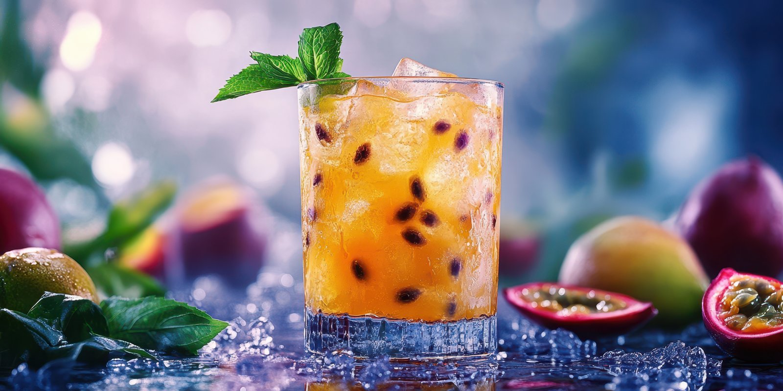 Refreshing tropical drink with passion fruit and mint on ice in a vibrant setting